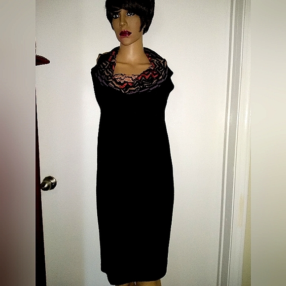 MISSONI 12 KNIT WOOL BLEND BLACK MULTICOL CHEVRON COWL NECK STRAIGHT DRESS ITALY - Picture 8 of 8
